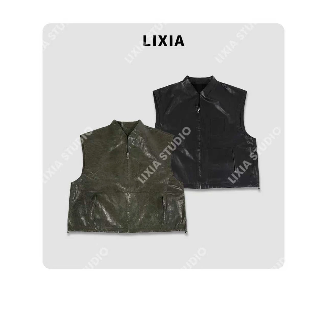 LIXIA【赫本信笺】轻奢重工风山羊赫本皮V领拉链皮马夹-D9206