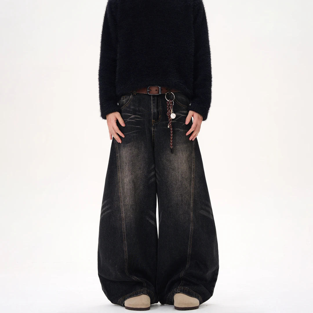 KISKO美式复古水洗猫须黑色弯刀牛仔裤男女阔腿宽松垂感做旧裤子