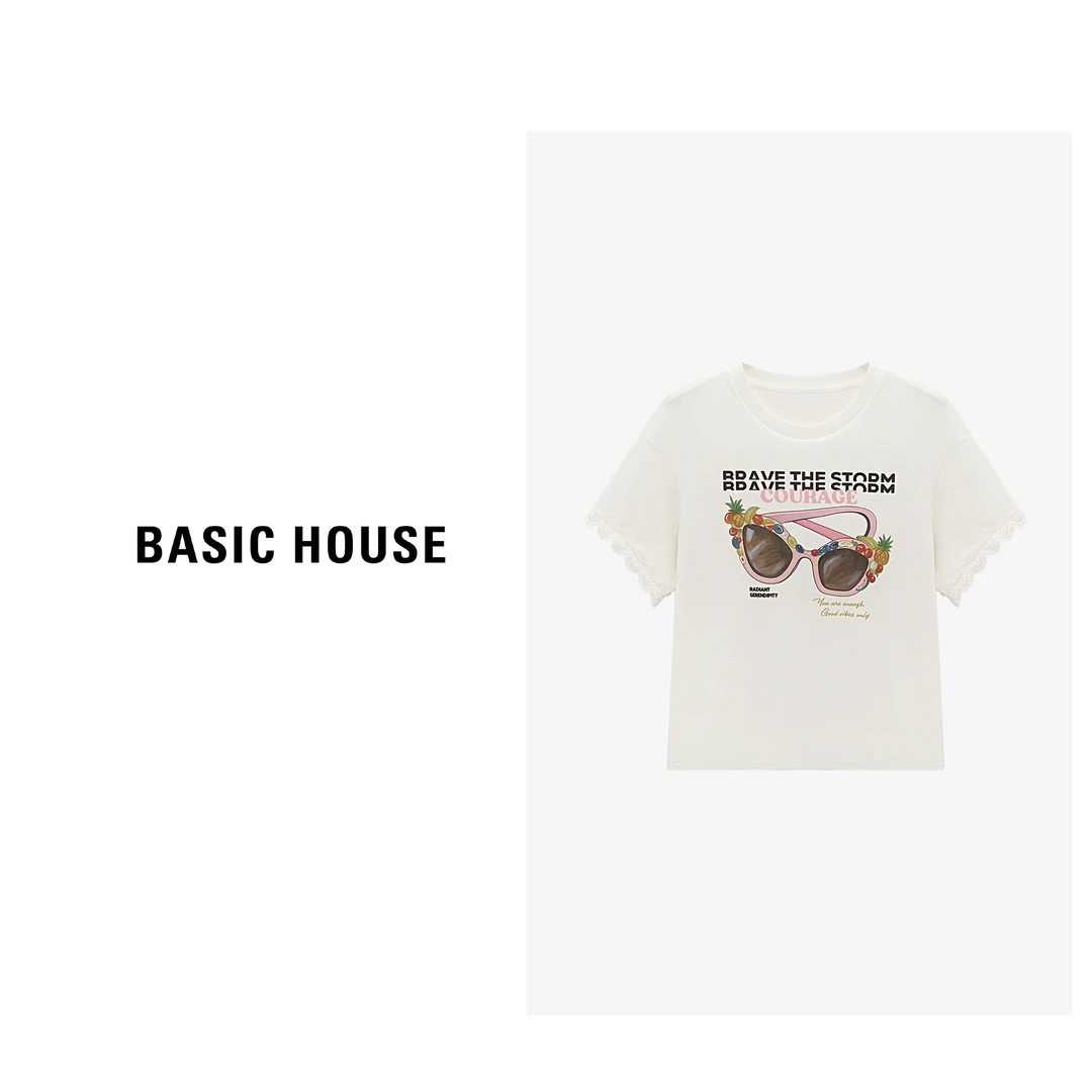 Basic House/百家好夏季时尚百搭蕾丝袖卡通印花T恤-B0625B5AMA2