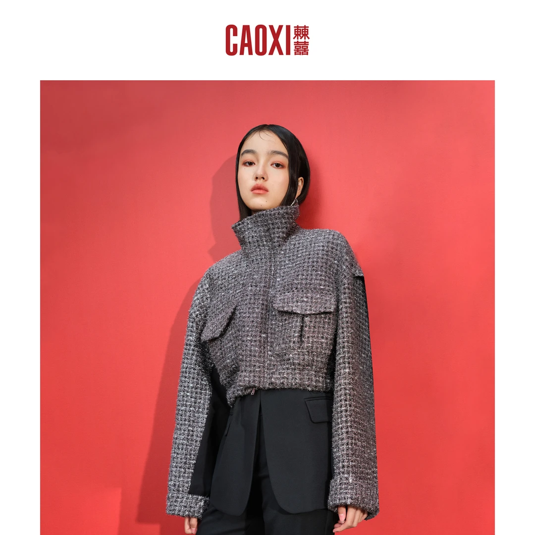 CAOXI㯥囍 小香风假两件西装外套女百搭拼接撞色2025新款国风