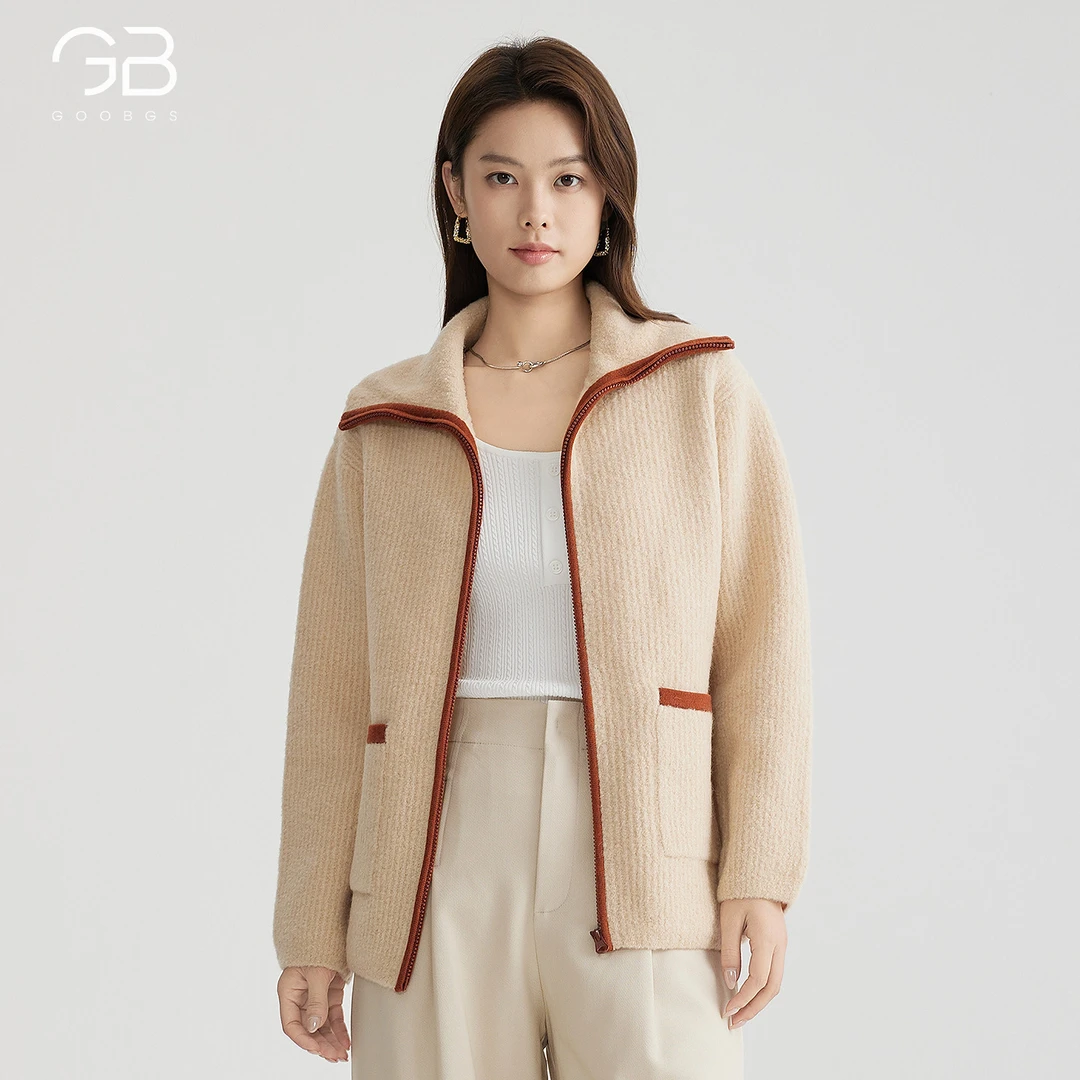 【谷邦L+】撞色翻领毛针织开衫女G3374810