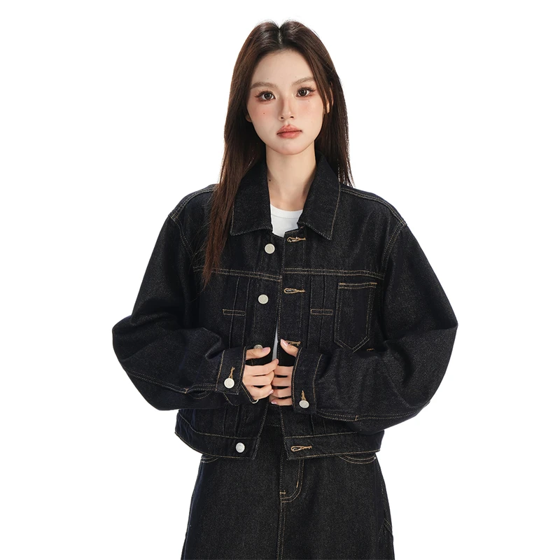 深蓝牛仔外套女士爆款2025秋装新款休闲长袖单排扣时尚翻领牛仔衣