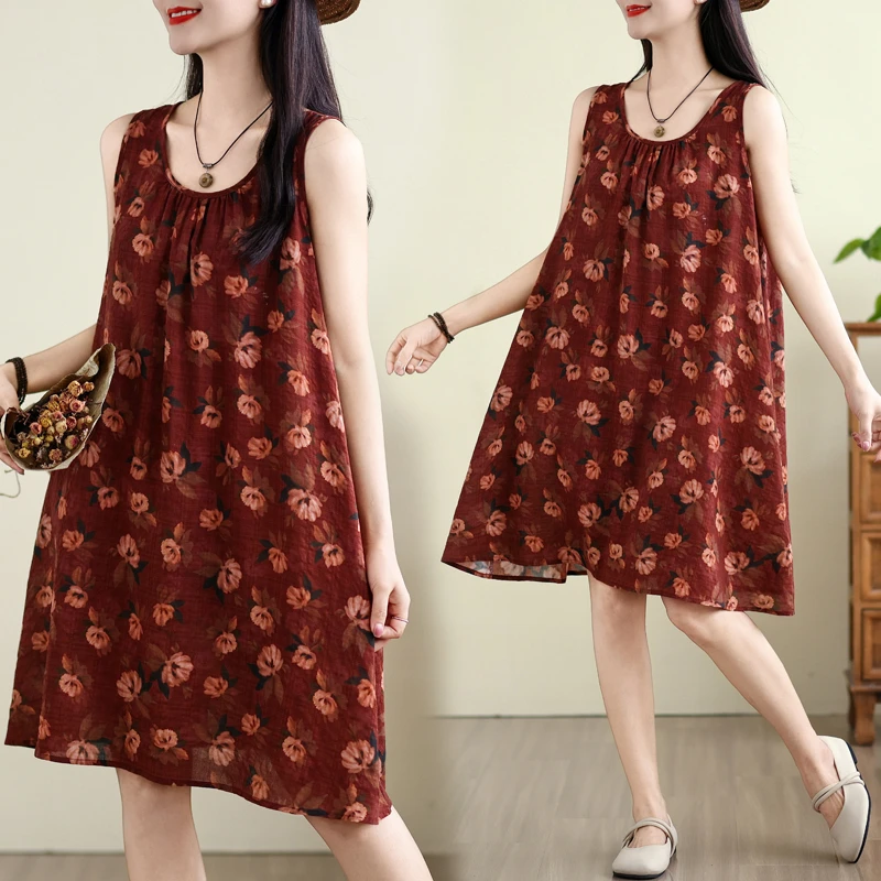 大码女装夏季2025新款宽松吊带a字裙无袖圆领印花连衣裙