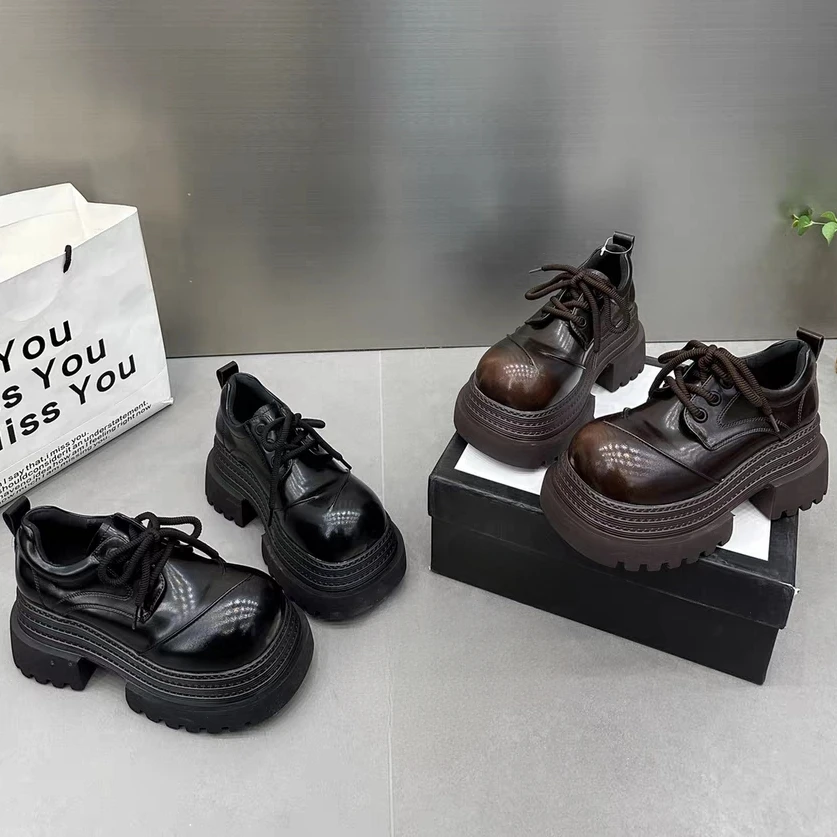 MSDD【8厘米】乐福鞋系带青少年休闲女鞋春季厚底松糕底黑色时尚