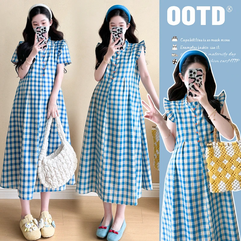 孕妇装2025夏季新款休闲百搭格子款碎花气质洋气中长款连衣裙夏装