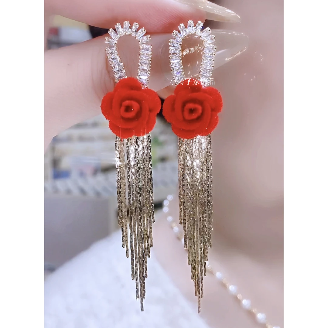 铜合金合成锆石耳饰 时尚轻奢复古优雅红色玫瑰耳环