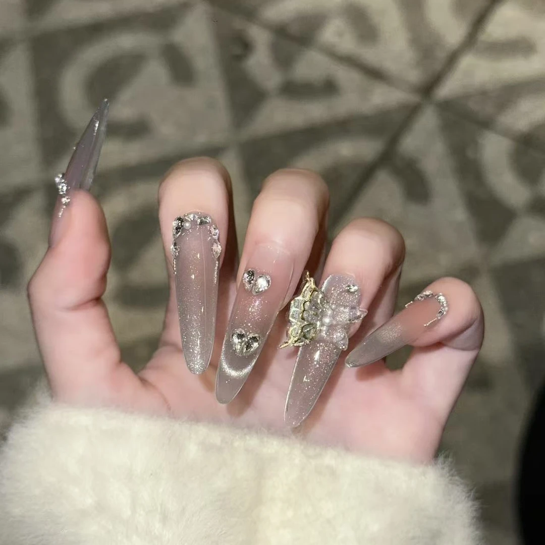 【幻羽梦蝶】手工穿戴甲高级感绿色猫眼法式碎钻美甲片可拆卸