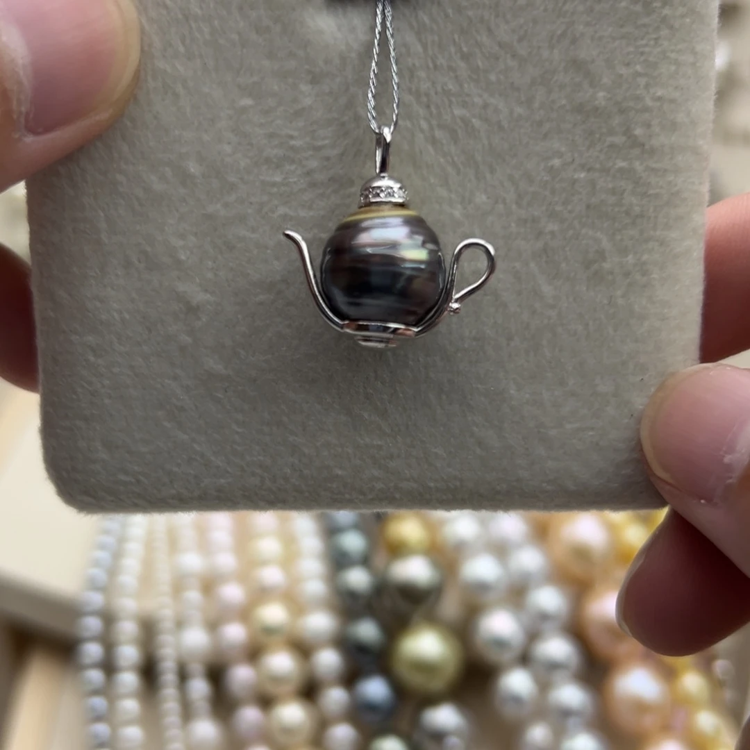 银S925镶嵌吊坠(不含链)海水珍珠12mm大溪地把把壶