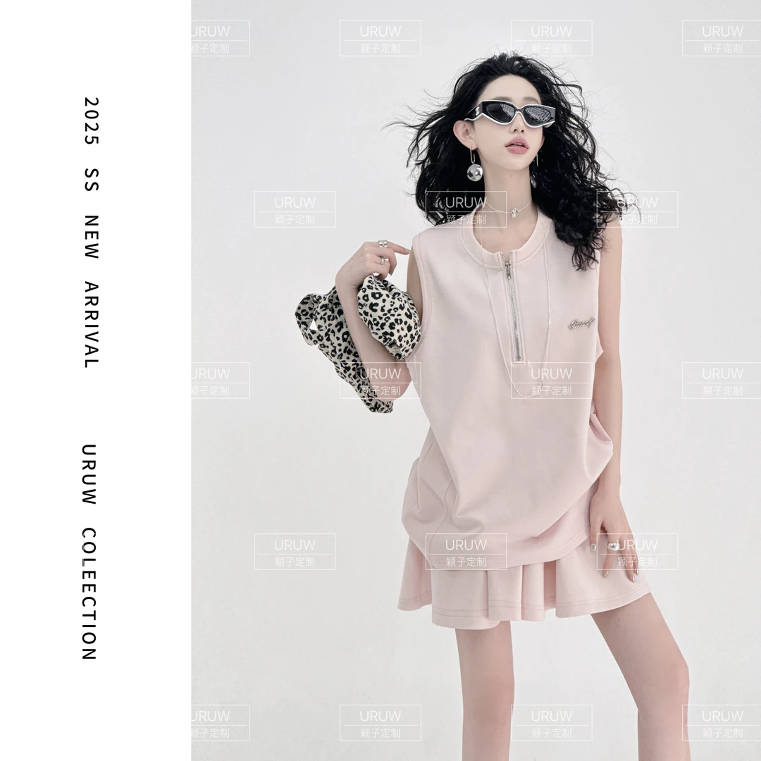 【月下听风】时尚减龄休闲运动背心套装女纯色百搭高腰A字短裤 9163