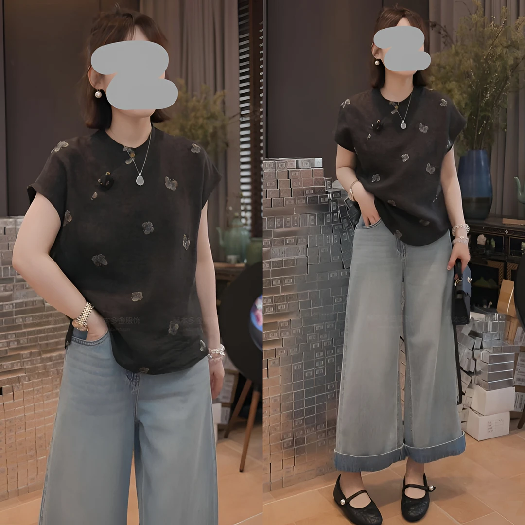 2025夏季轻奢温婉蝴蝶刺绣短袖上衣显瘦百搭九分牛仔裤气质套装女