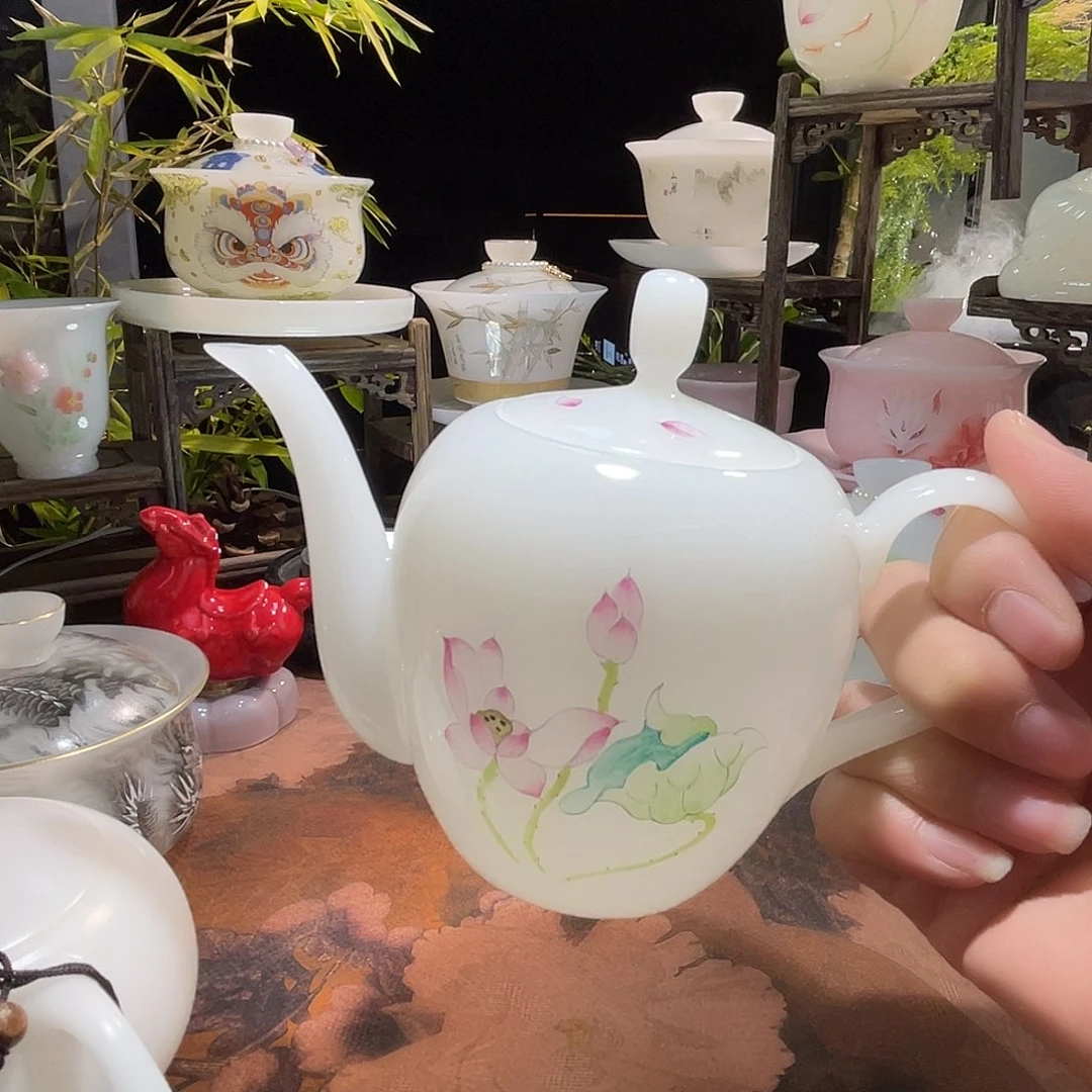 冰晶璞玉釉烧手绘荷韵美人壶