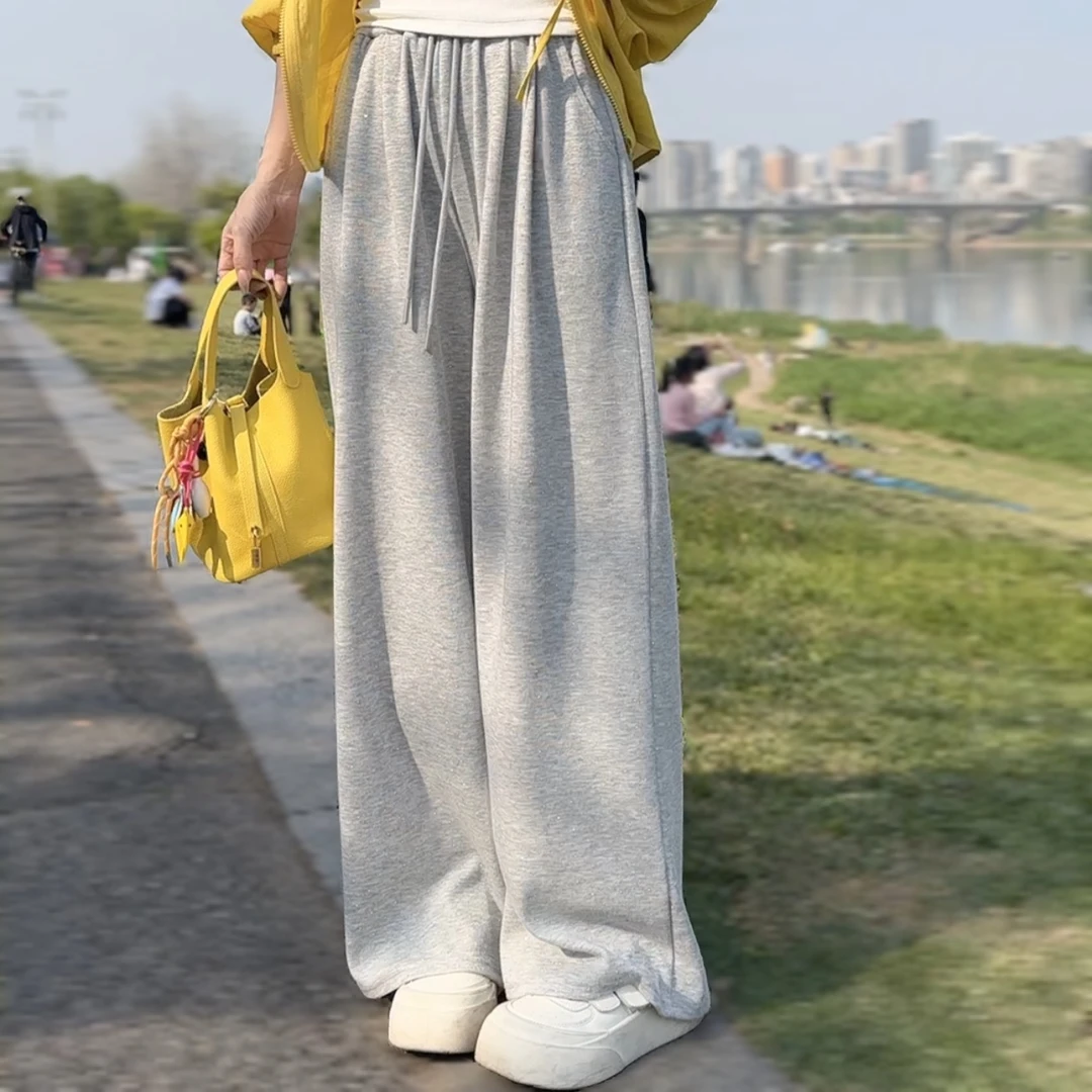 【晓溪服饰】春季新款休闲百搭高腰显瘦宽松抽绳灰色直筒阔腿裤702