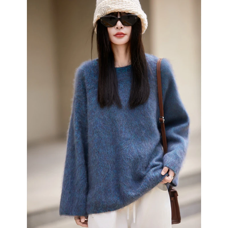 老钱风新款羊绒毛衣女款秋冬羊毛衫圆领针织衫拉绒宽松打底衫上衣