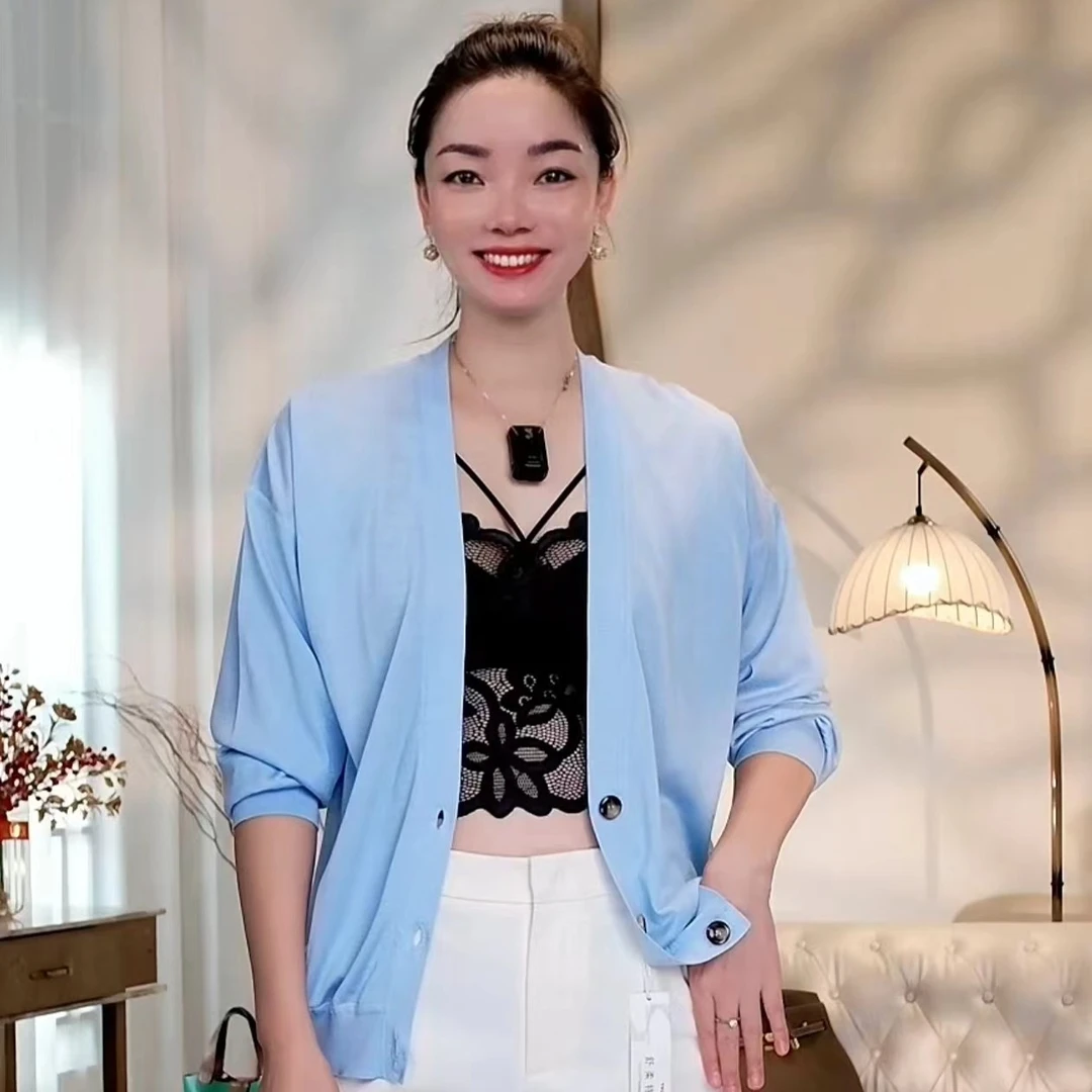香煜299 浅蓝色 单排扣薄款长袖开衫