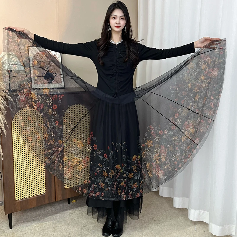 [两面可穿]繁花烫钻大摆裙半身裙春秋双面穿印花网纱星空碎花长裙