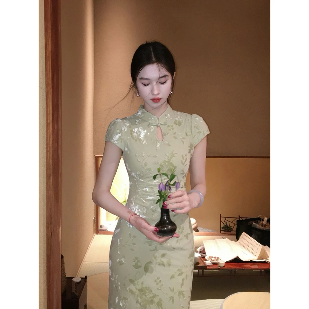 凌茜恣禾【呓语】国风新中式植绒温婉大气修身收腰显瘦旗袍连衣裙