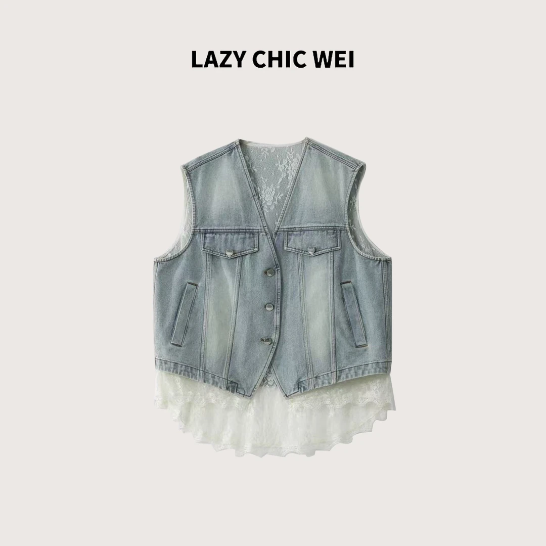 LAZY CHIC WEI 棉混纺拼接酵素双工艺水洗牛仔蕾丝马甲 25SSW1135