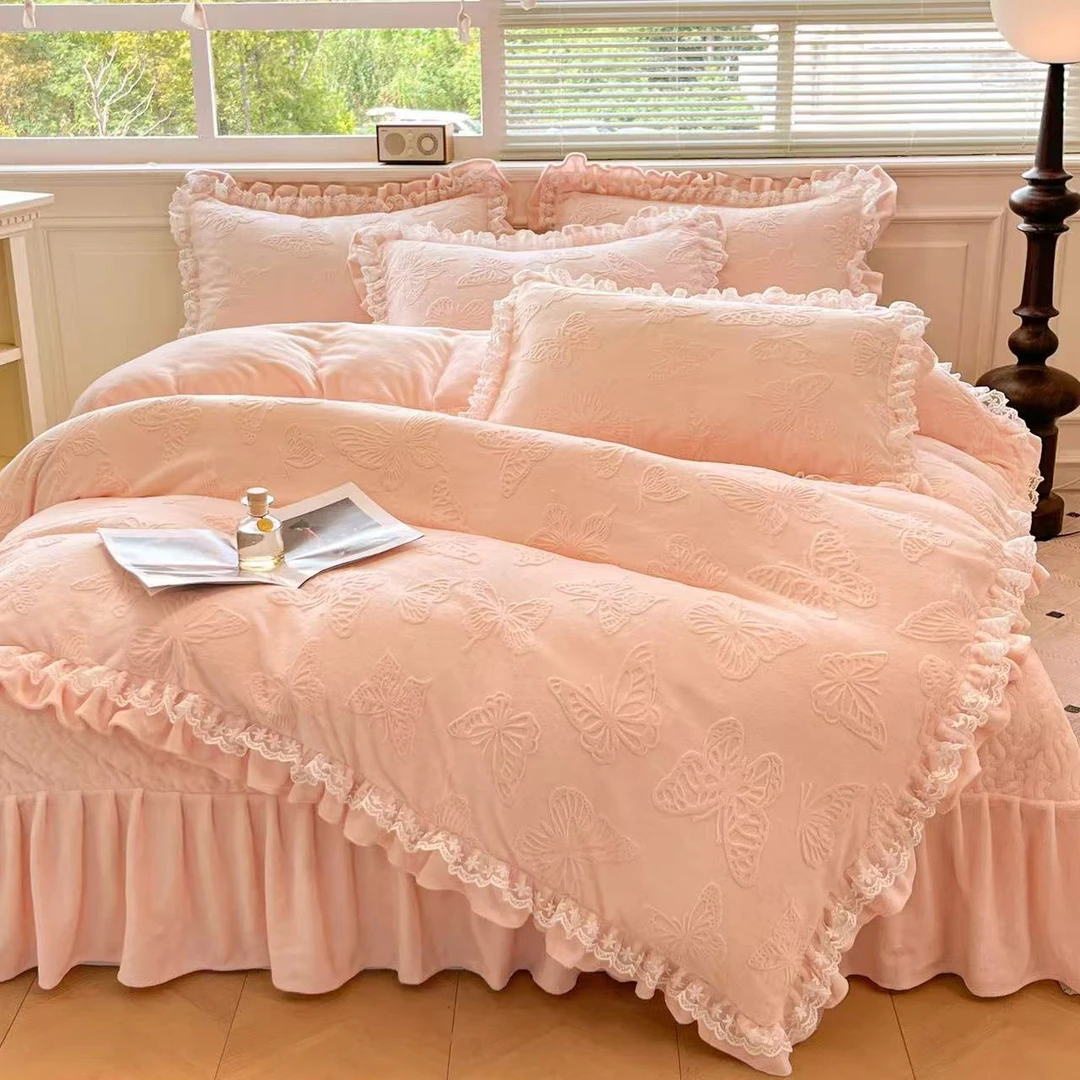 全消光牛奶绒夹棉床盖花边款四件套公主风牛奶绒雕花双面绒·被套