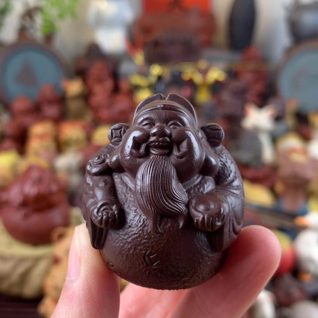 紫砂茶宠铜钱小财神紫泥