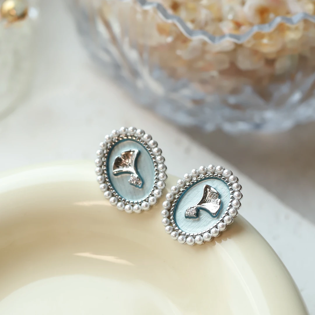 合金珐琅耳饰 vintage珐琅滴釉蓝色银杏叶耳环复古宫廷风耳饰女