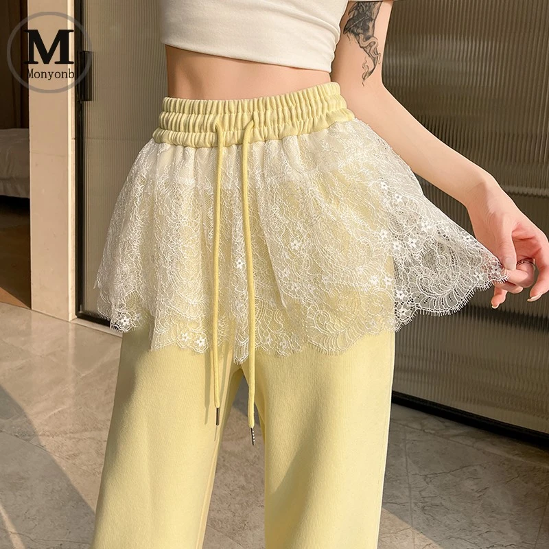 设计感蕾丝拼接束脚休闲卫裤女春秋松紧腰显瘦垂感直筒阔腿运动裤