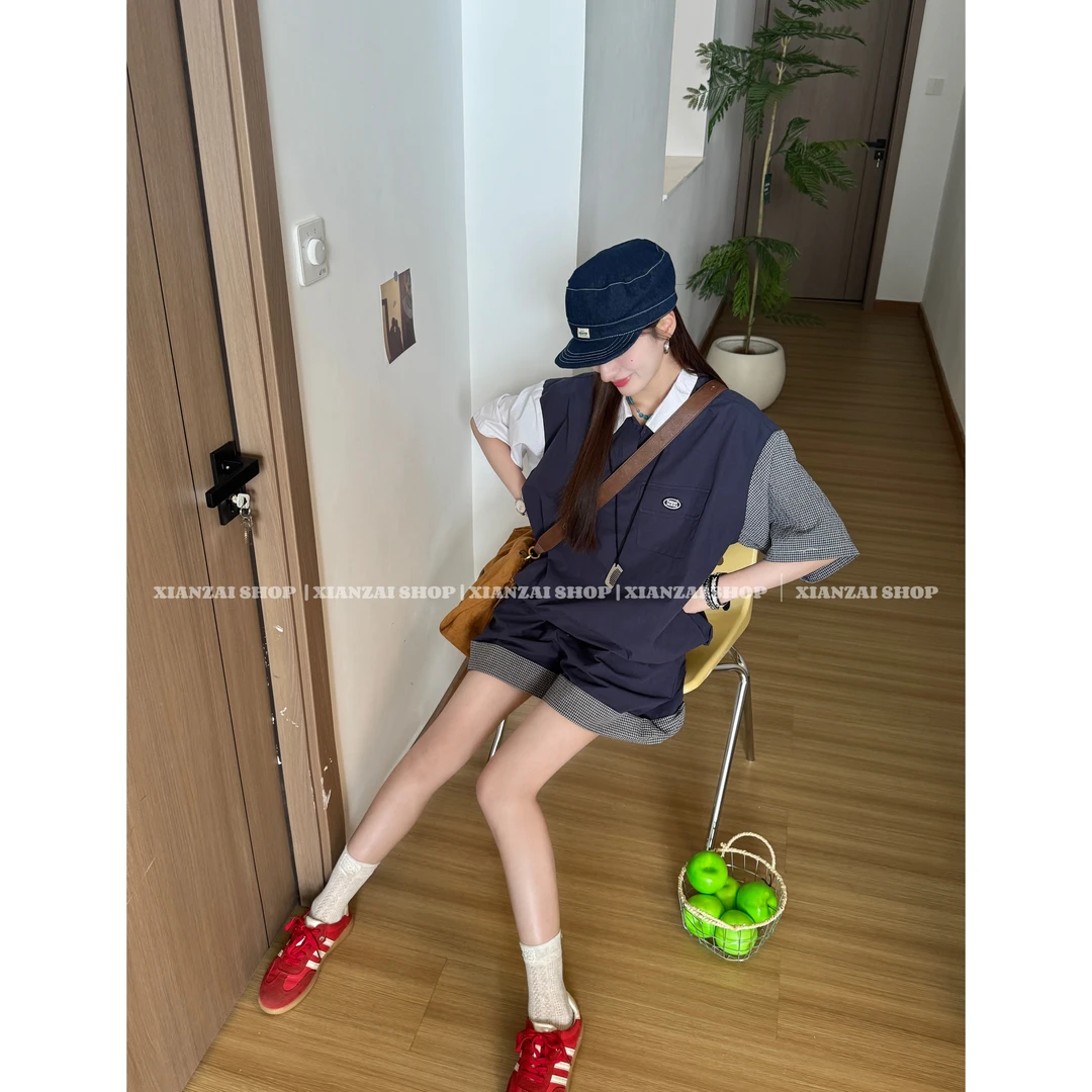 XIANZAI【多面格纹】夏季新款撞色拼接假两件短袖休闲短裤两件套装