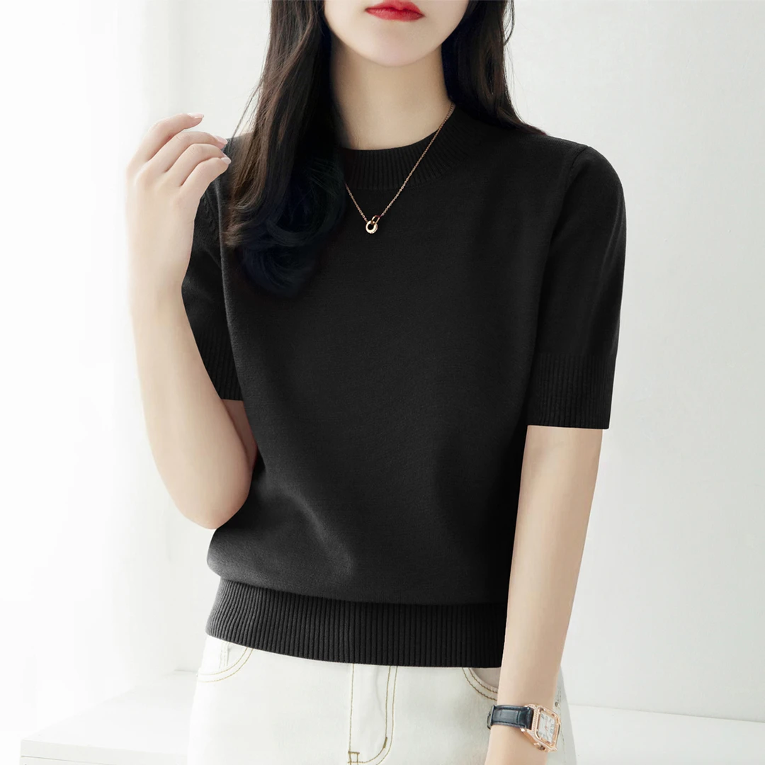 秋季新款气质五分袖显瘦内搭打底上衣高级感圆领宽松时尚针织衫女