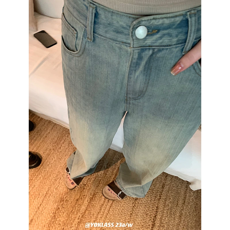 王少女YOKLASS 【现】蓝色直筒牛仔裤做旧水洗显瘦裤子 H06423S33
