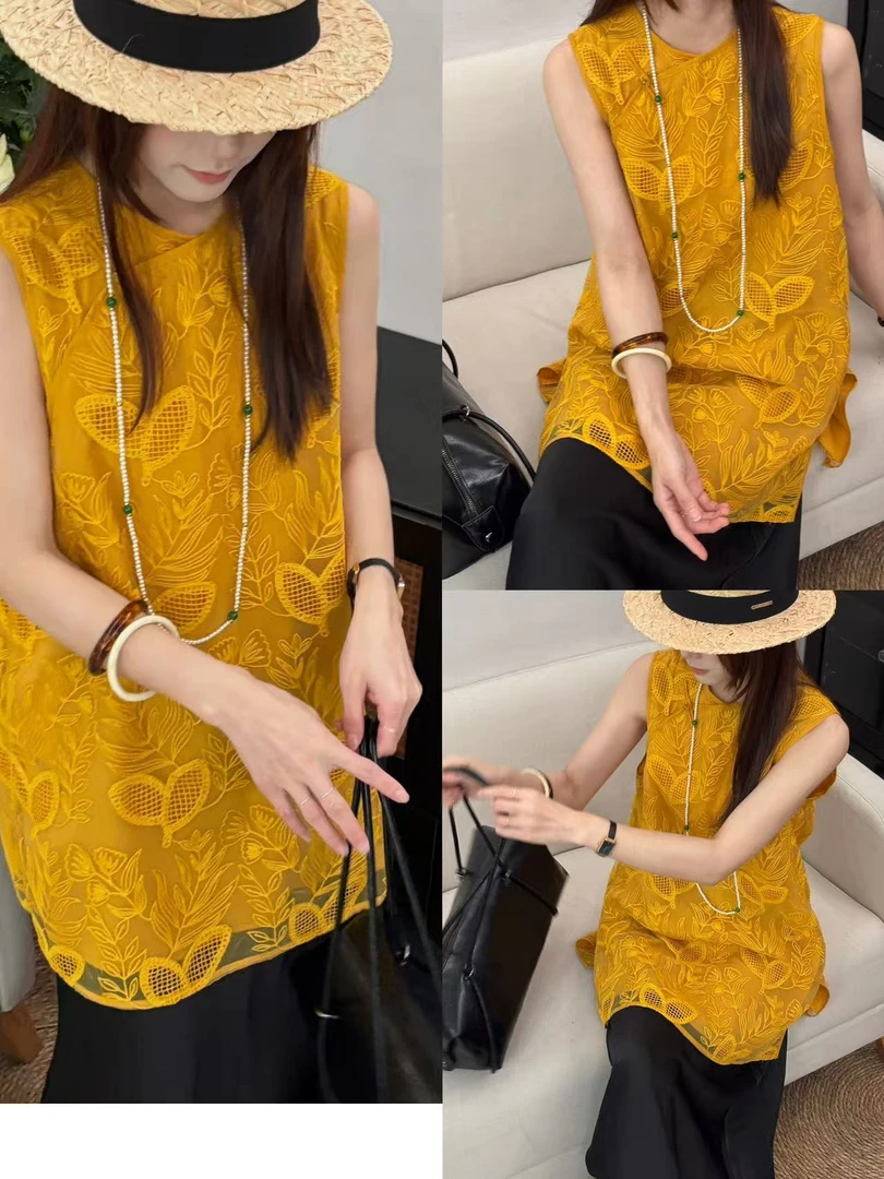 【6625】#时尚百搭勾花国风无袖上衣