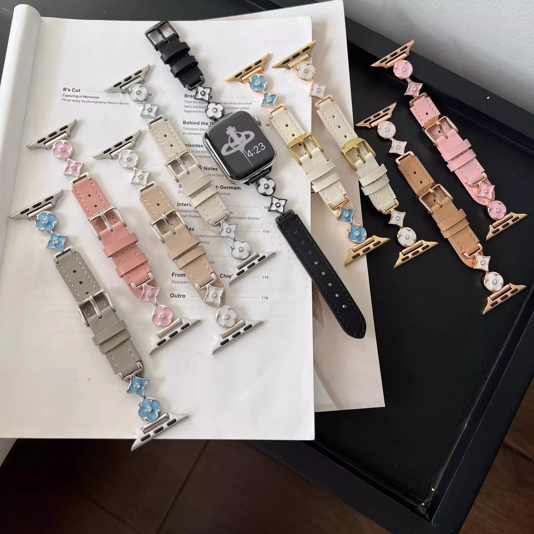 适用applewatchS11/10四叶草拼真皮表带iWatch987女生小香风细款