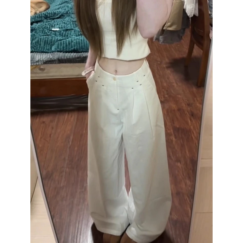 白色褶皱设计感阔腿休闲裤女春夏新款慵懒风高腰宽松垂感直筒长裤