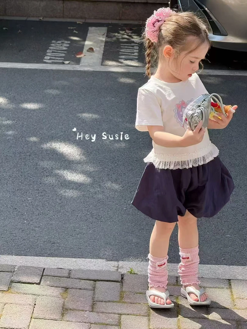 女童短袖T恤2025新款夏装女宝宝小童蕾丝上衣花苞裙裤两件套洋气