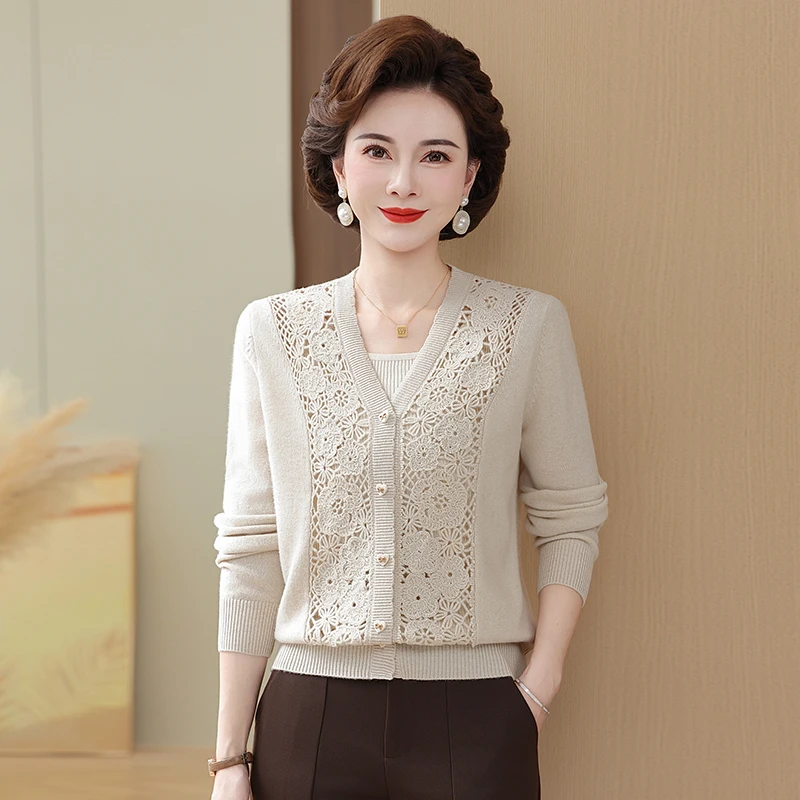 2025新款洋气妈妈保暖中老年全羊毛秋冬洋气时尚绣花针织毛衣开衫