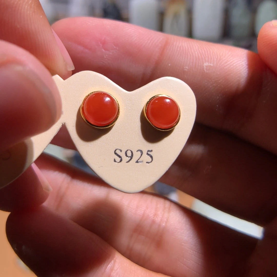 南红玛瑙银S925镶嵌耳饰