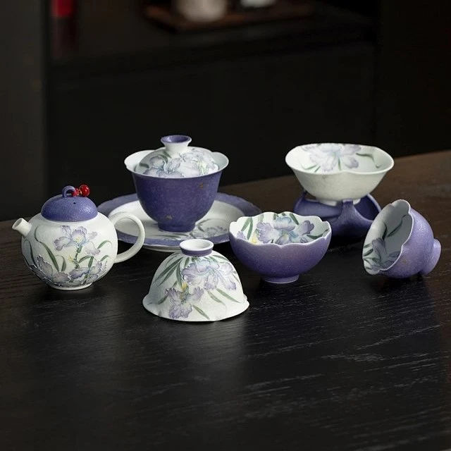 火石红暮云紫手绘鸢尾花古家用茶漏组茶道配件茶渣过滤