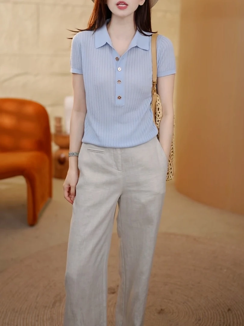 天丝+桑蚕丝夏季薄款短袖针织衫2025新款气质百搭显瘦纯色T恤上衣