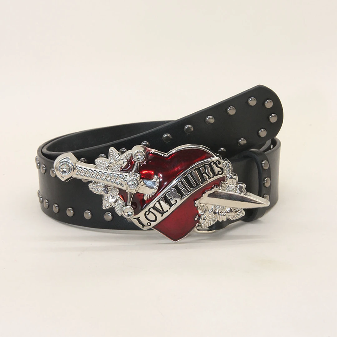 漆皮潮流腰带简约风百搭风皮带铆钉男女裤腰带心形时尚复古黑色