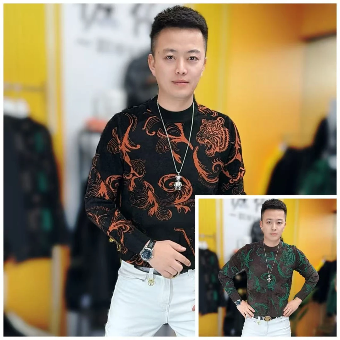 8710冬季新款潮流男士高品质提花修身长袖时尚针织毛衣