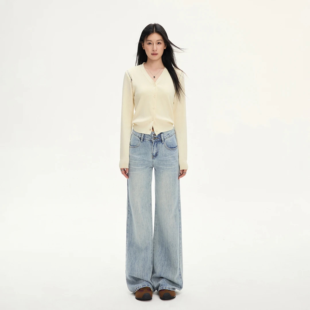 莱赛尔秋季美式复古高腰压皱工艺水洗高腰直筒拖地牛仔裤女|长裤