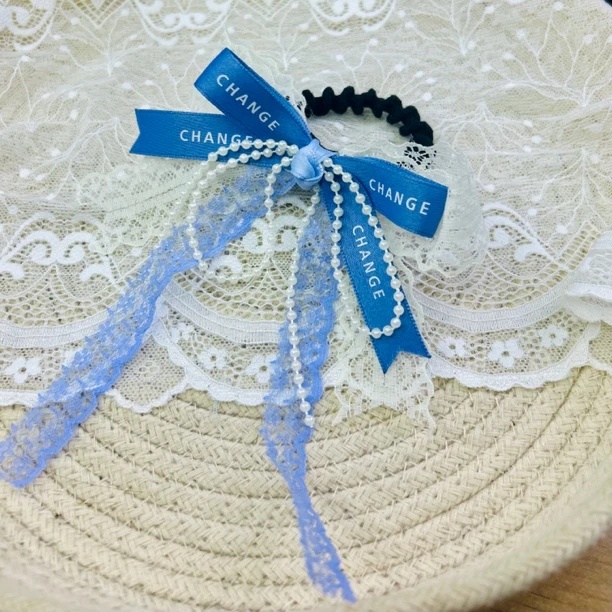 HC0393 蓝色小香风蕾丝飘带蝴蝶结皮筋