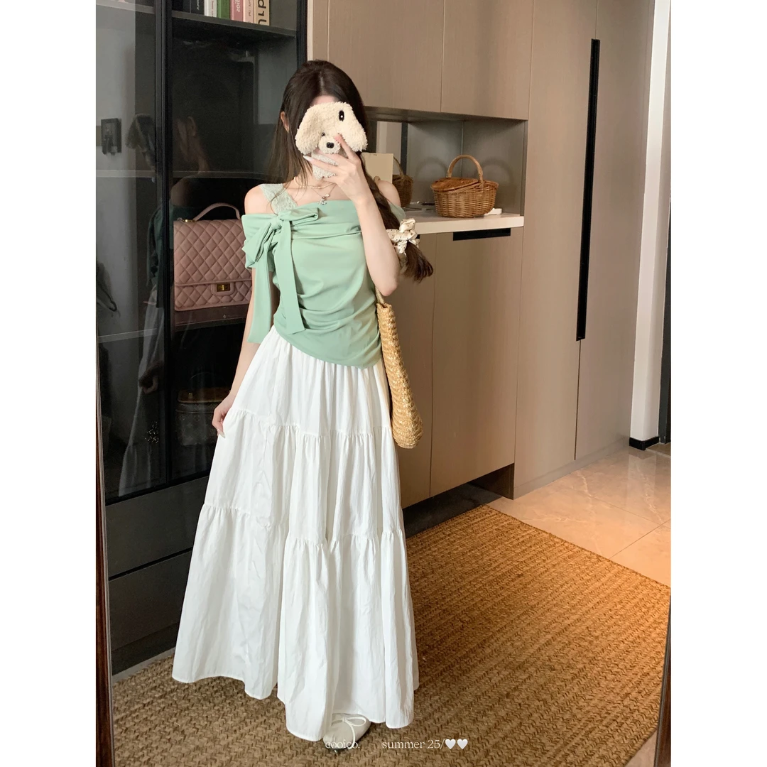 【6572】一字肩纯欲T恤女夏季大码胖MM蝴蝶结露肩短袖甜妹上衣女