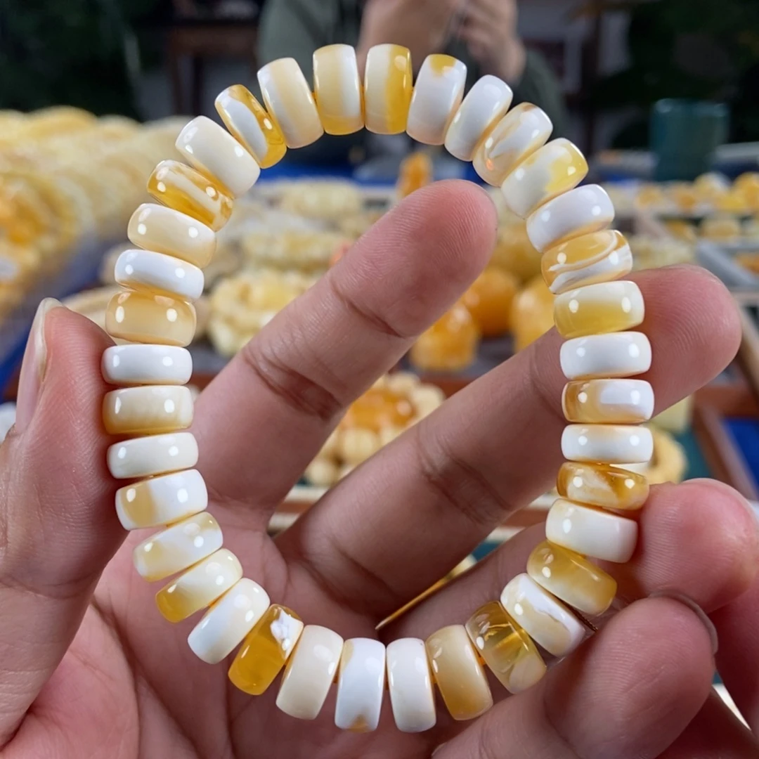 琥珀未镶嵌珠宝奇石11金瓷白溶洞妖花隔片串17.66
