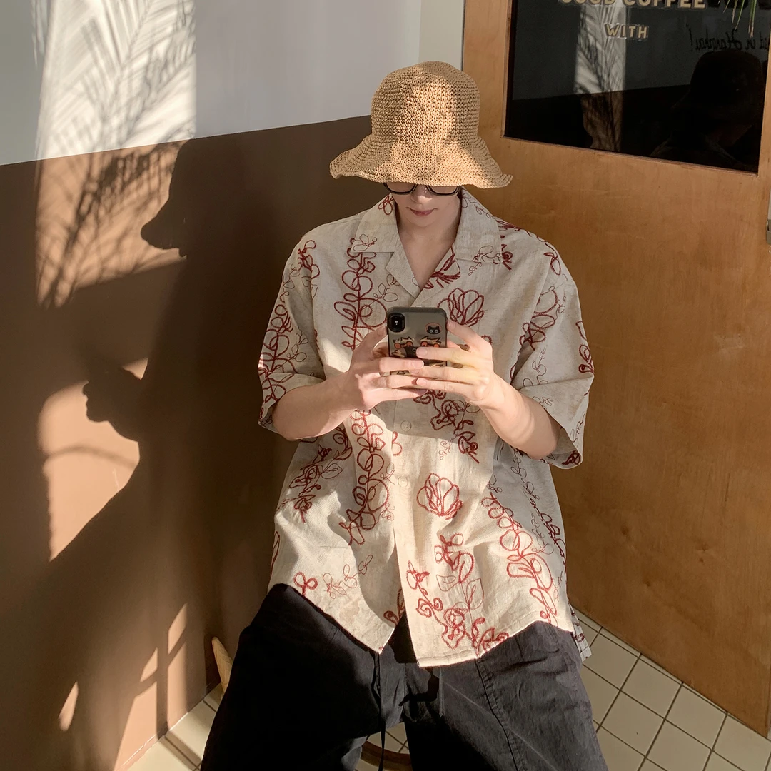 白口阳【心动陷阱】新中式刺绣短袖衬衫小众设计感衬衣宽松薄款C580