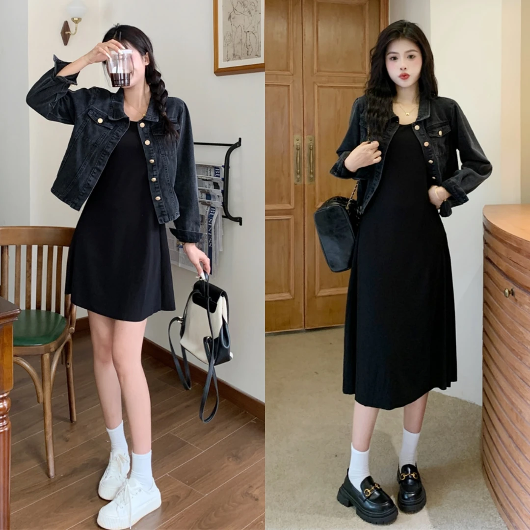 大码女装时尚牛仔外套+背心裙两件