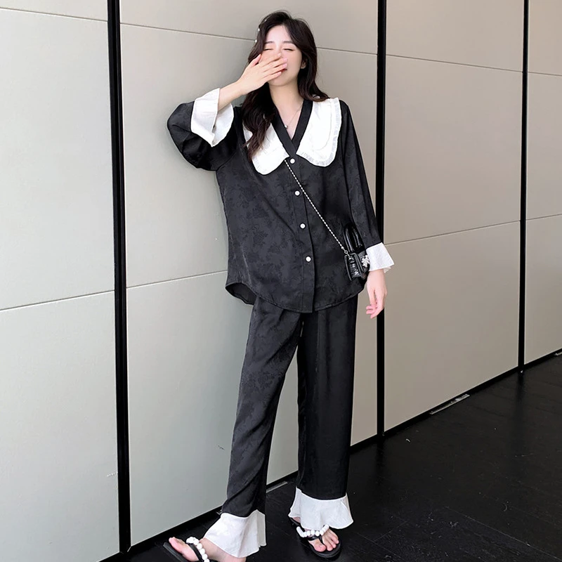新款冰丝睡衣套装女春秋高级感提花女士家居服长袖睡衣女TZSY