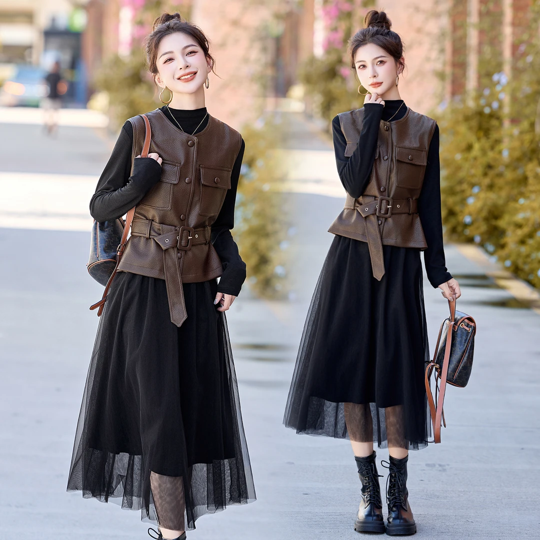 设计感PU皮马甲套装裙女2025春秋新款气质减龄网纱连衣裙两件套潮