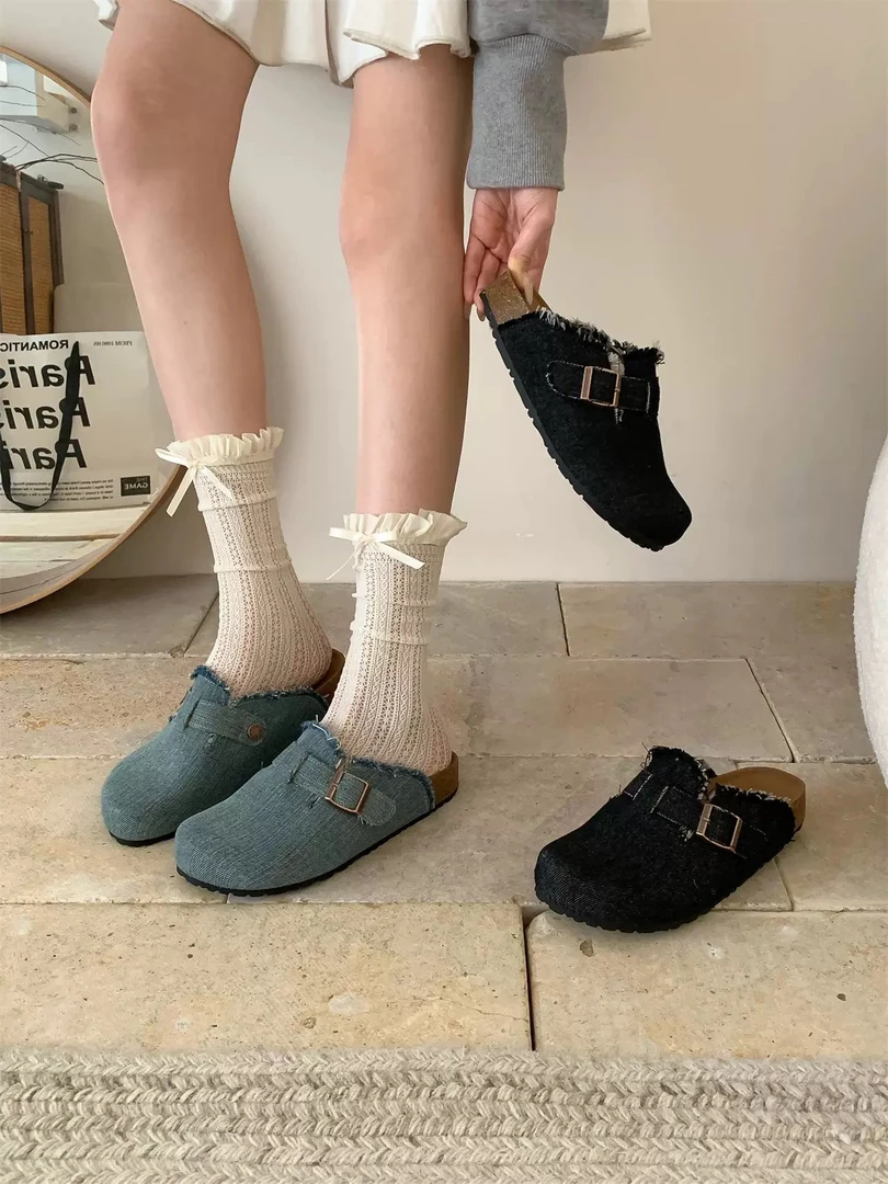 复古厚底牛仔布勃肯鞋女包头半拖鞋春秋懒人鞋
