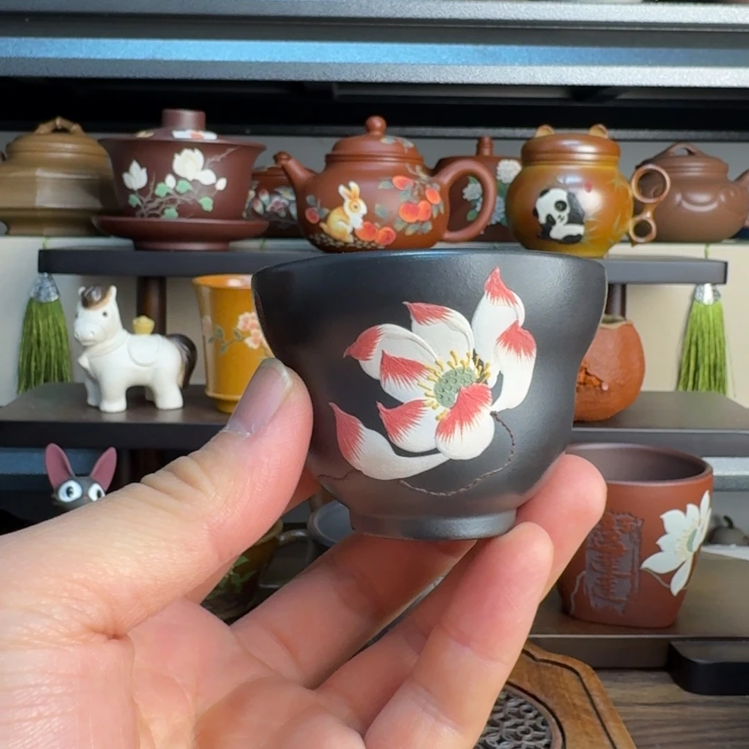 *****紫砂茶杯葫芦石黄nx荷花堆绘