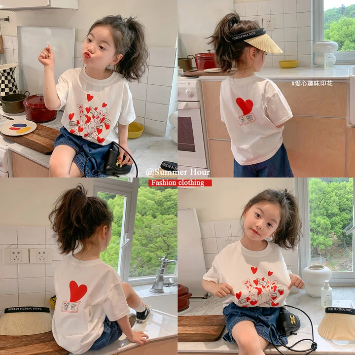 布丁哈鲁【爱心小兔】2023新款夏季女童可爱卡通兔子印花23XT2042