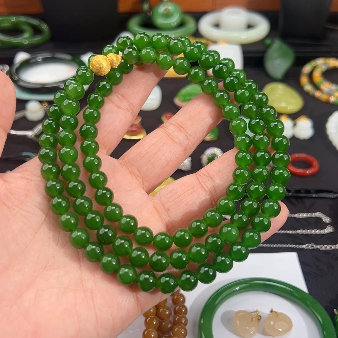 和田玉（碧玉）未镶嵌颈饰辣绿8mm108珠串